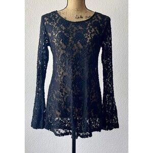 Black Floral Lace Bell Sleeve Blouse Women’s Small Whimsygoth Gothic Sheer Top